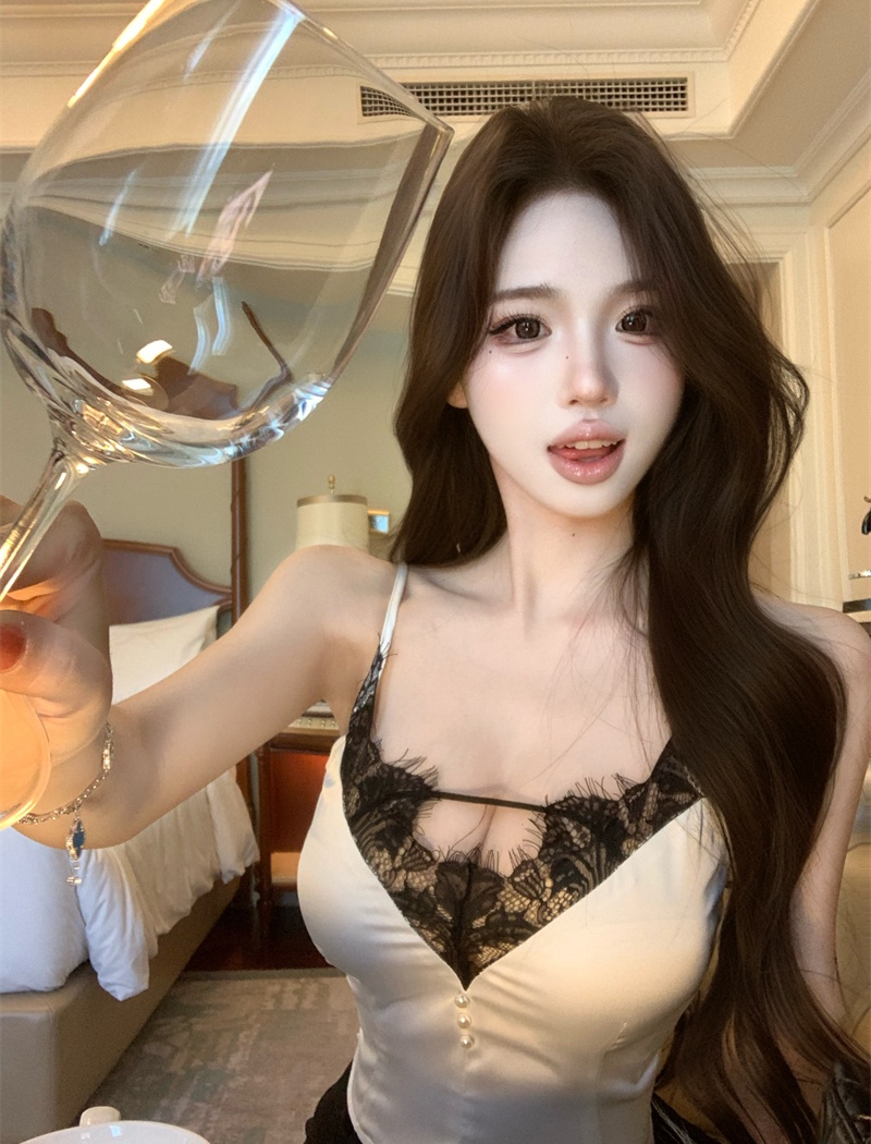 France style satin lace pearl enticement sling shirts