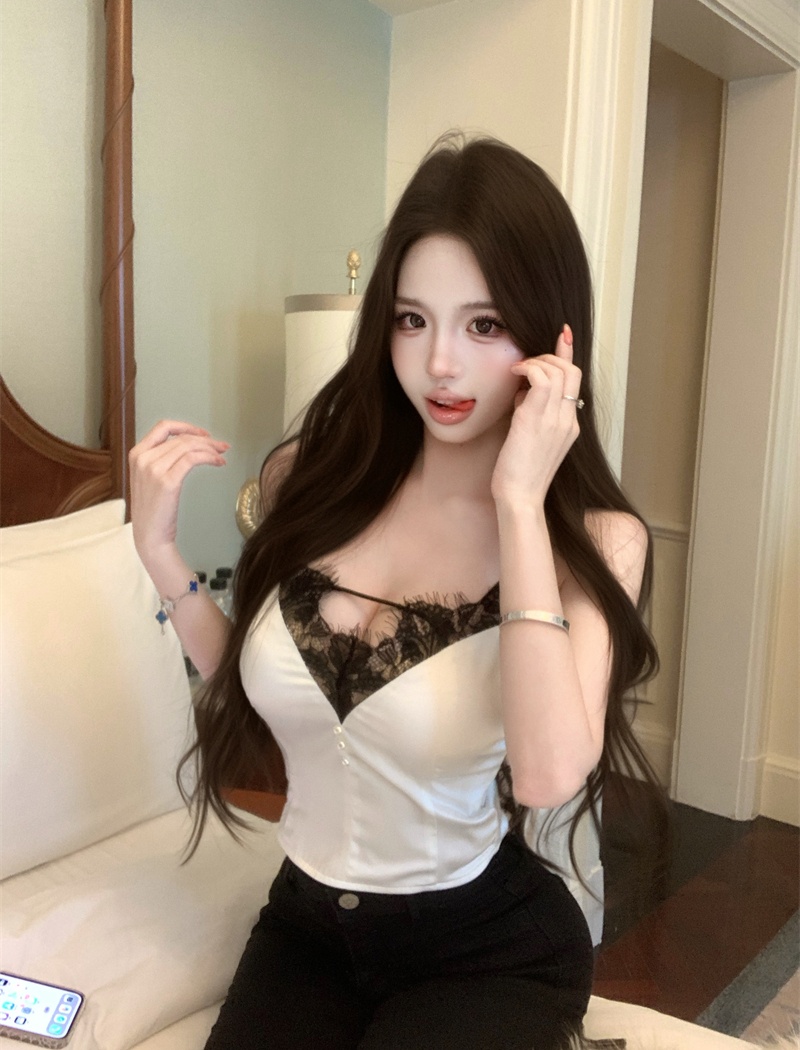 France style satin lace pearl enticement sling shirts