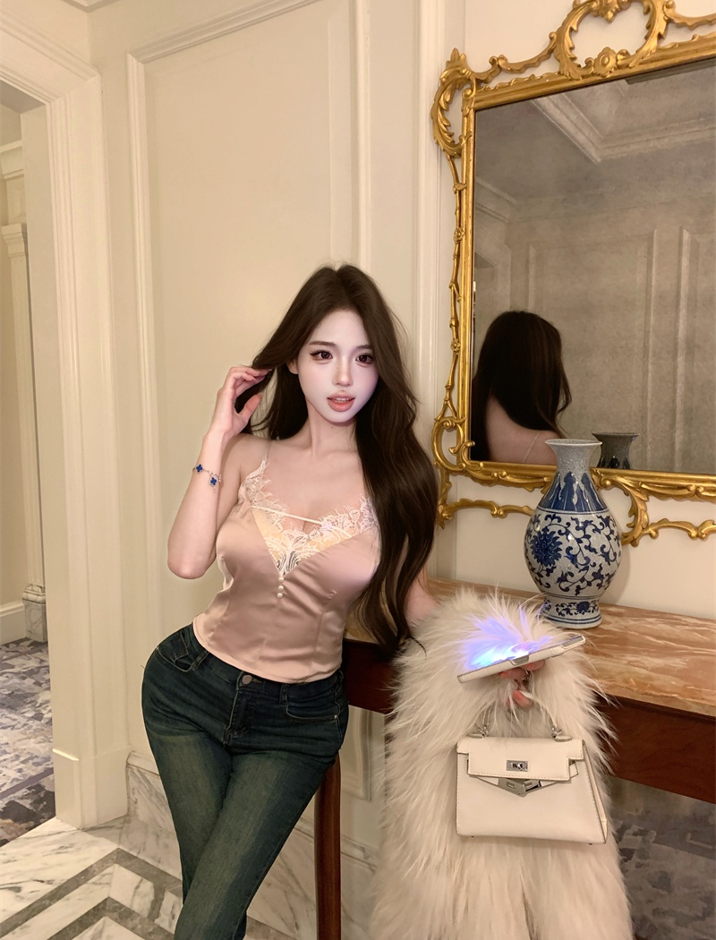 France style satin lace pearl enticement sling shirts