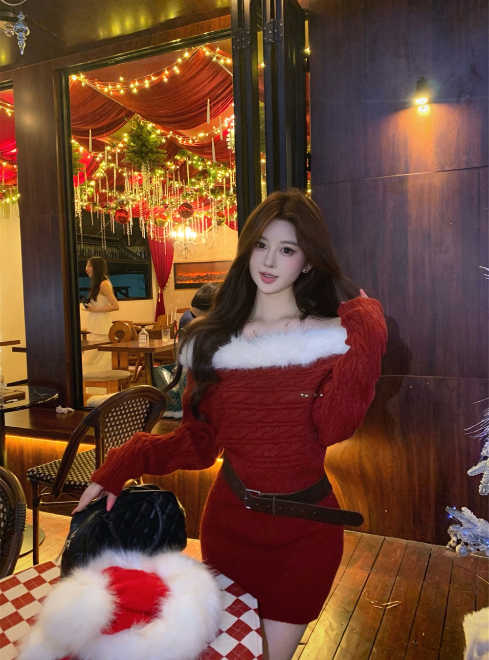 Slim thick dress with belt autumn and winter sweater