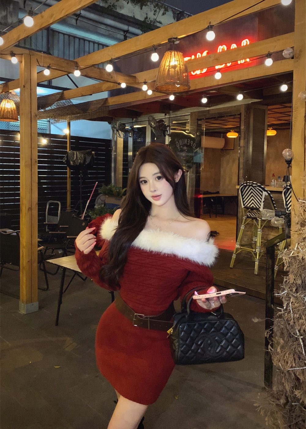 Slim thick dress with belt autumn and winter sweater