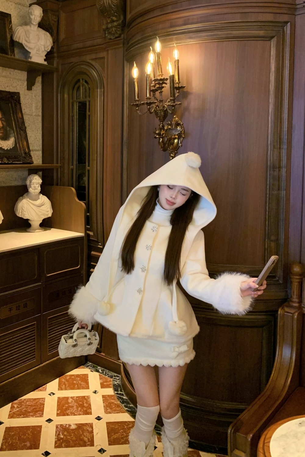 Hooded autumn and winter sweet fluffy coat