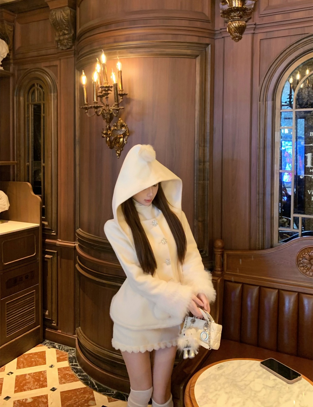 Hooded autumn and winter sweet fluffy coat