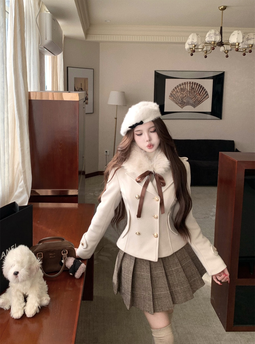 Double-breasted Japanese style pinched waist woolen coat