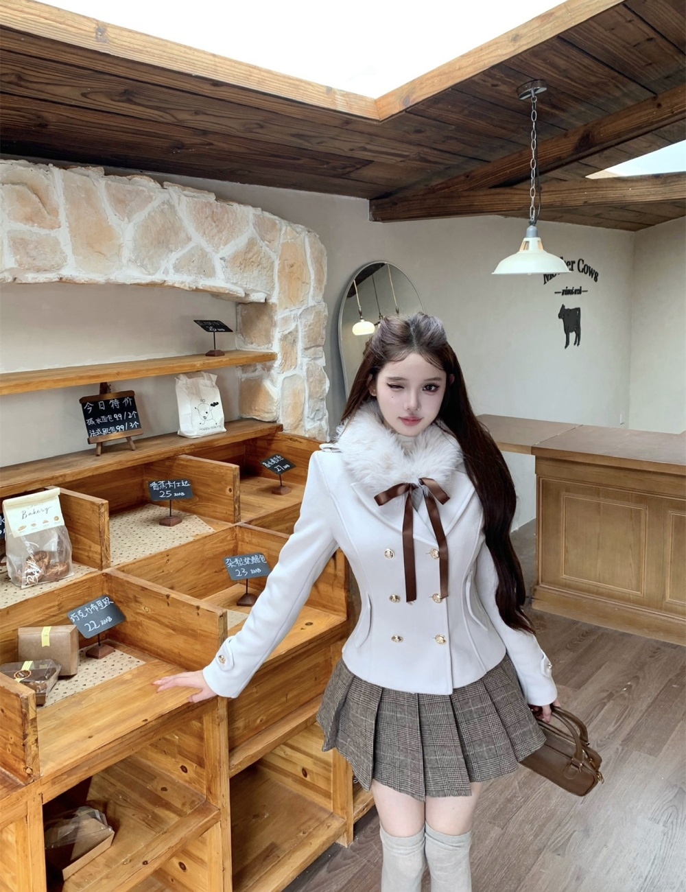 Double-breasted Japanese style pinched waist woolen coat