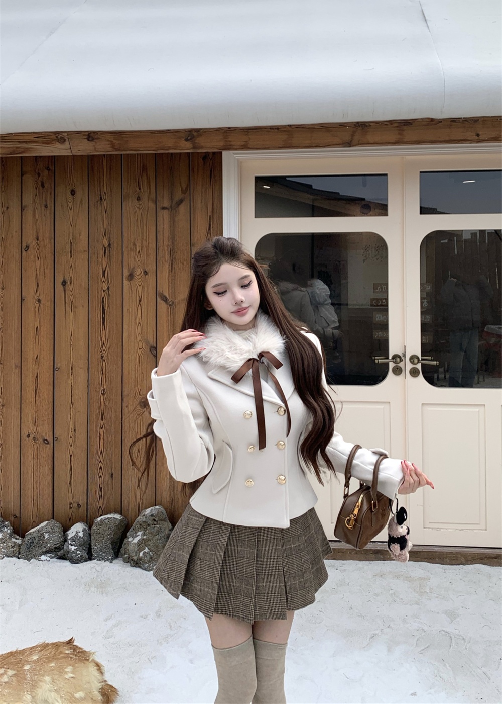 Double-breasted Japanese style pinched waist woolen coat