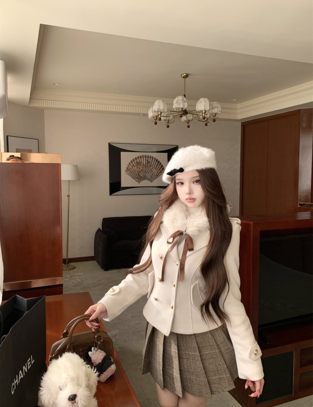 Double-breasted Japanese style pinched waist woolen coat