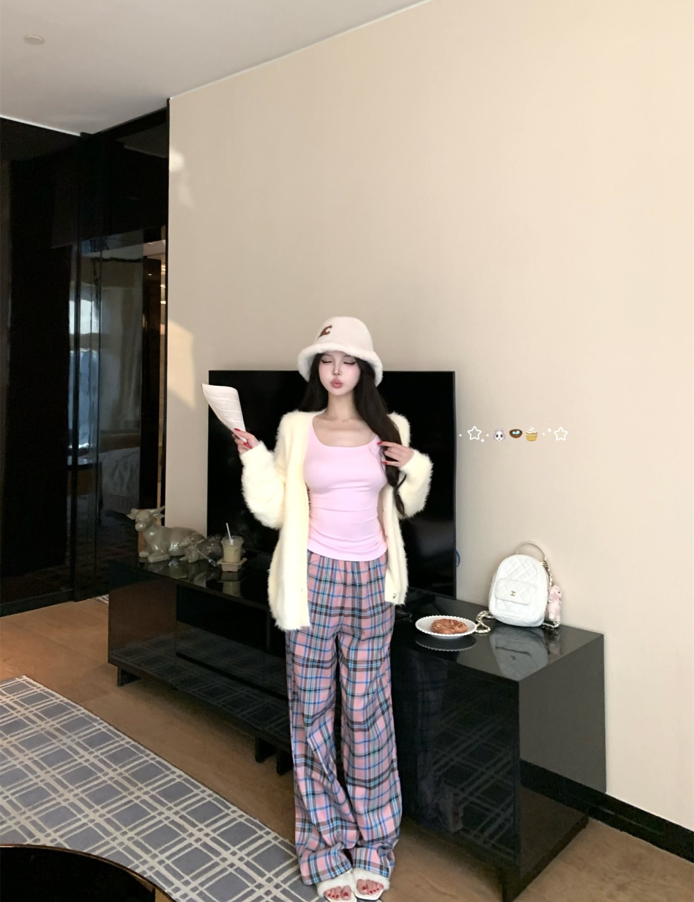 Wide leg autumn and winter plaid casual pants