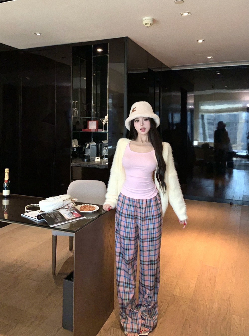 Wide leg autumn and winter plaid casual pants