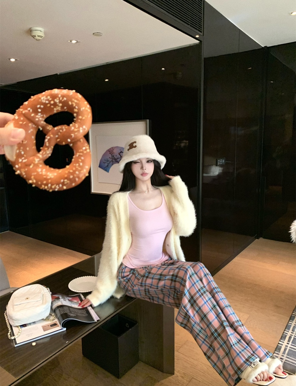 Wide leg autumn and winter plaid casual pants