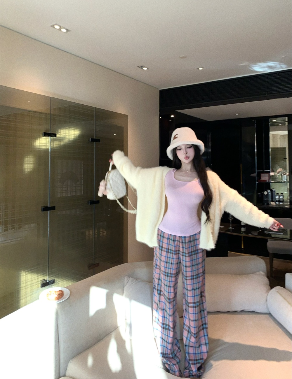 Wide leg autumn and winter plaid casual pants