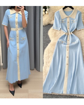Slim short sleeve long dress mixed colors knitted dress