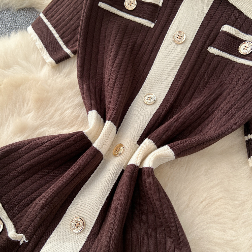 Slim short sleeve long dress mixed colors knitted dress