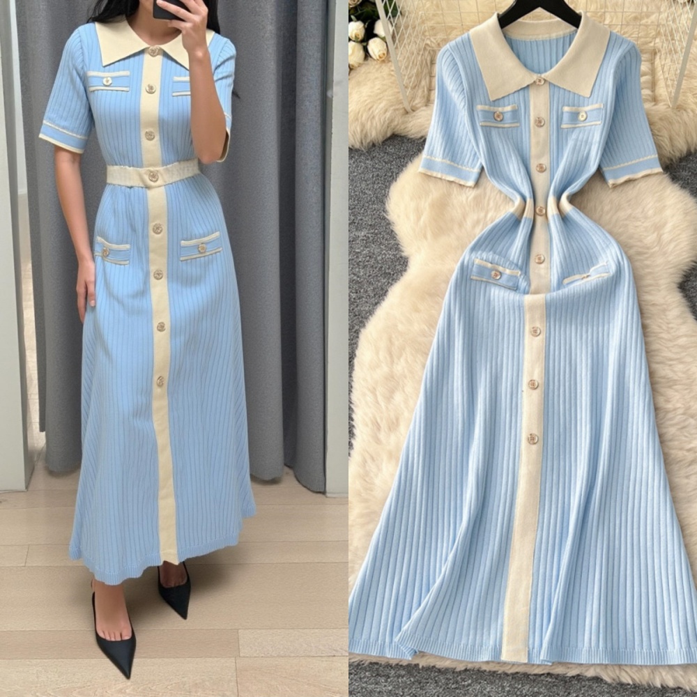 Slim short sleeve long dress mixed colors knitted dress