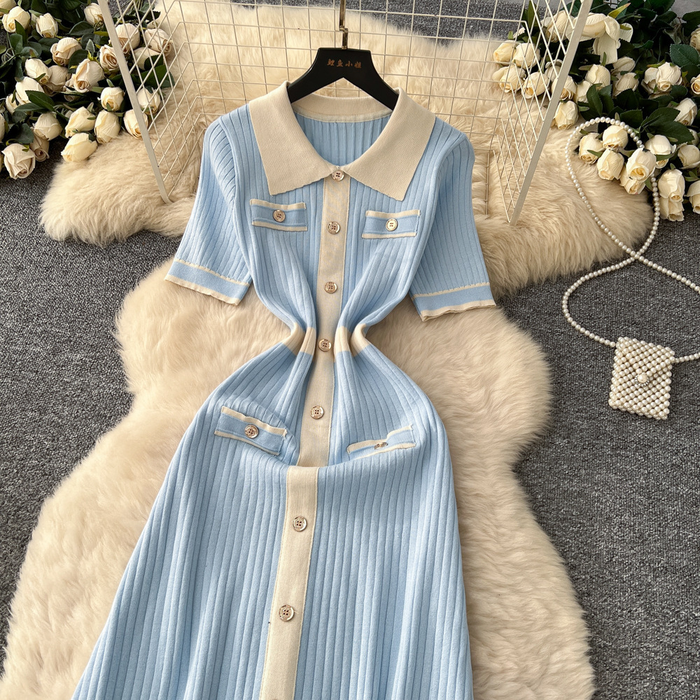 Slim short sleeve long dress mixed colors knitted dress
