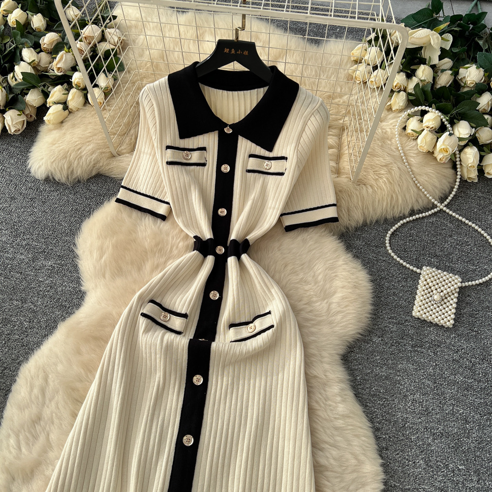 Slim short sleeve long dress mixed colors knitted dress