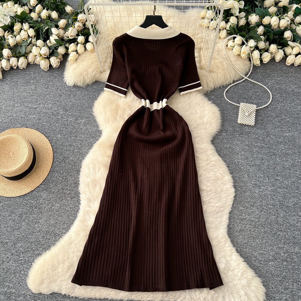 Slim short sleeve long dress mixed colors knitted dress
