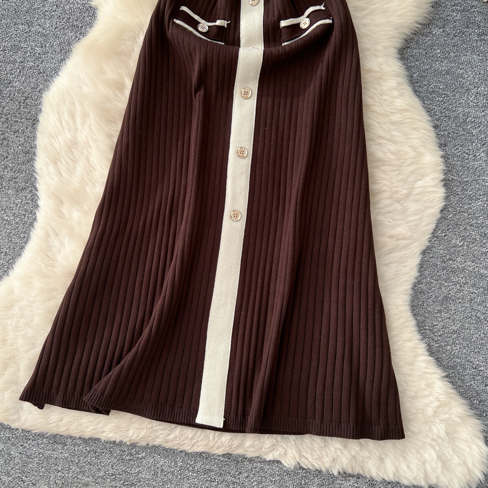 Slim short sleeve long dress mixed colors knitted dress