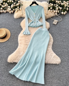 High waist trumpet sleeves skirt mermaid knitted tops a set