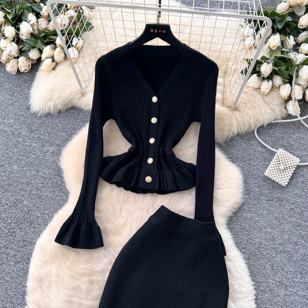 High waist trumpet sleeves skirt mermaid knitted tops a set