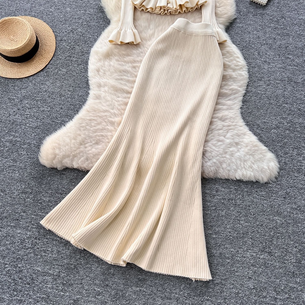 High waist trumpet sleeves skirt mermaid knitted tops a set