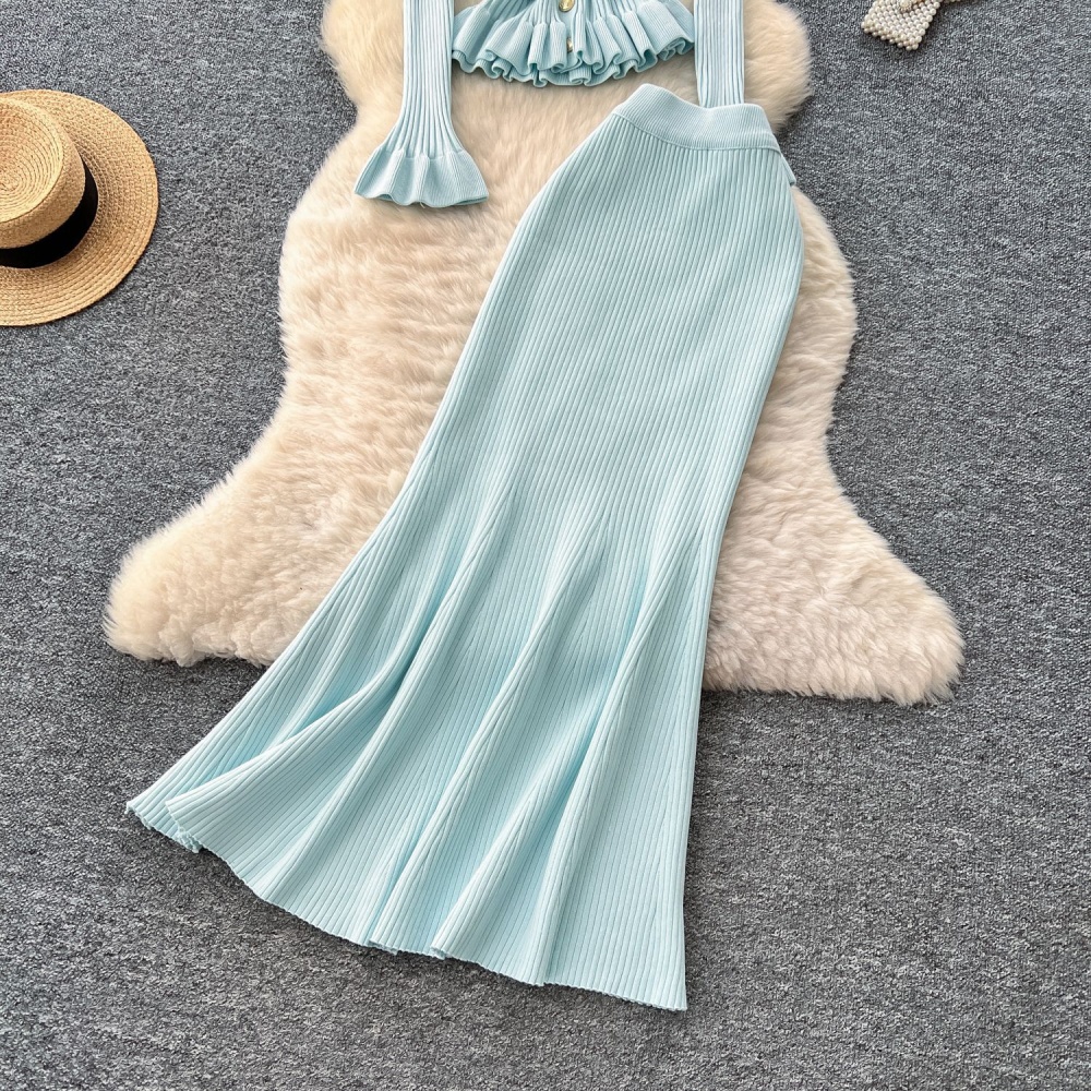 High waist trumpet sleeves skirt mermaid knitted tops a set
