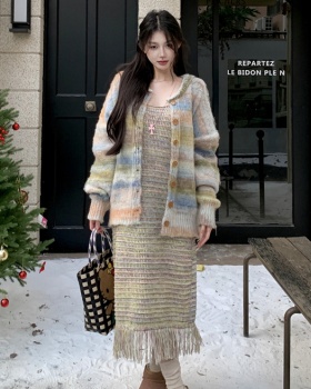 Tassels sweater strap dress 2pcs set for women