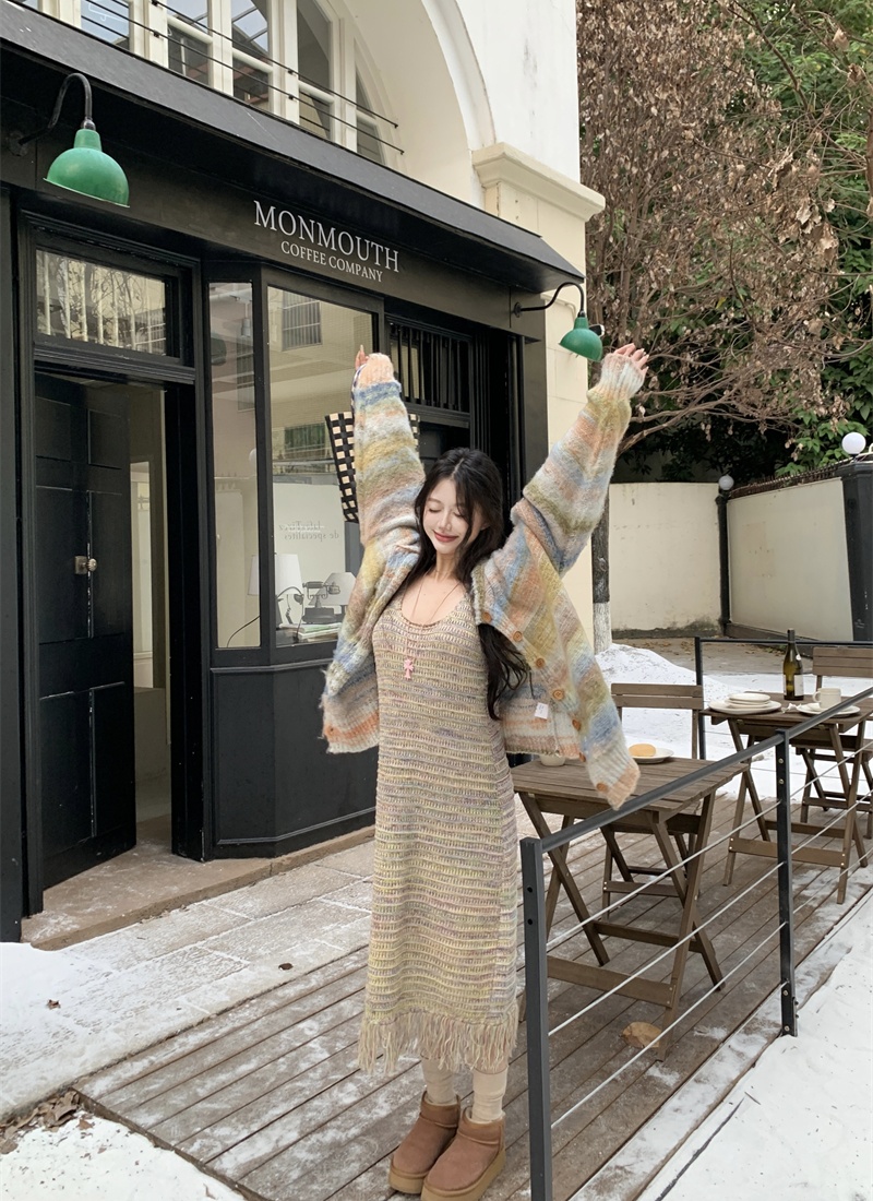 Tassels sweater strap dress 2pcs set for women