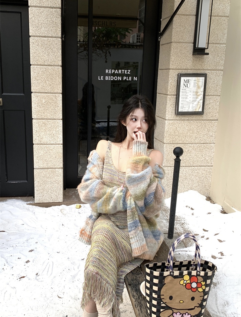 Tassels sweater strap dress 2pcs set for women