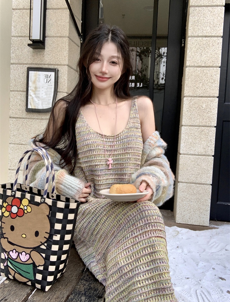 Tassels sweater strap dress 2pcs set for women