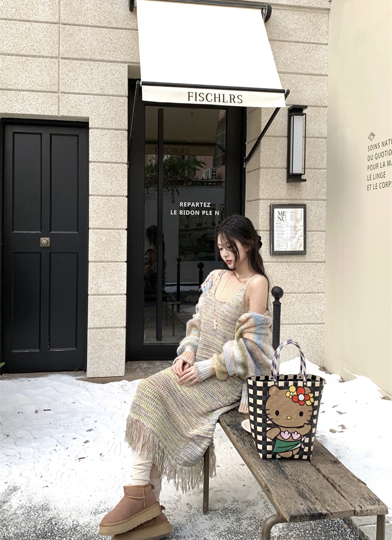 Tassels sweater strap dress 2pcs set for women