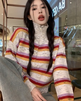 Lapel stripe coat show young Casual sweater for women