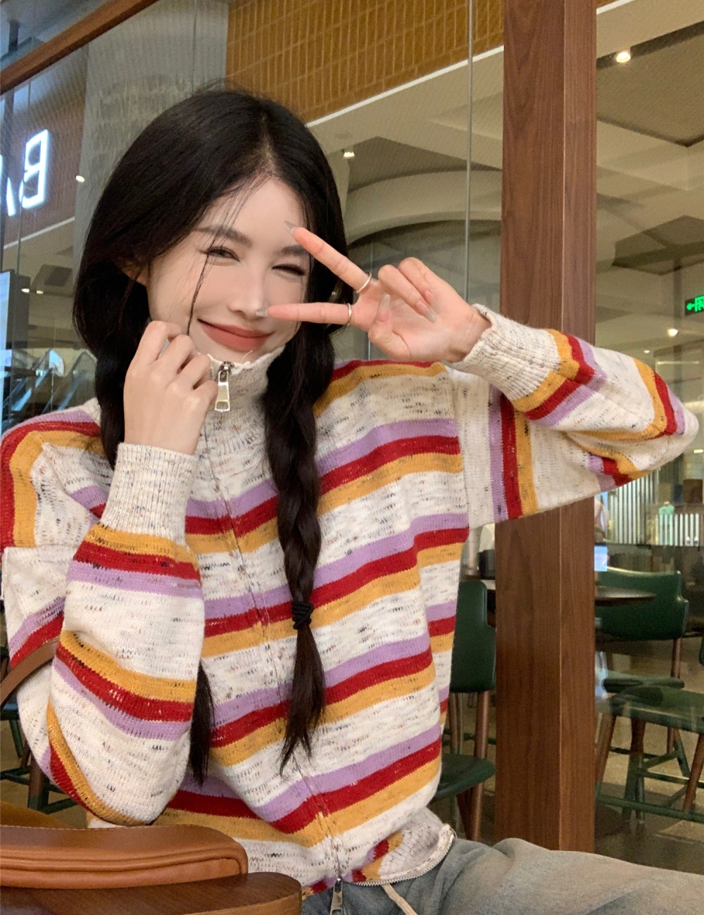 Lapel stripe coat show young Casual sweater for women