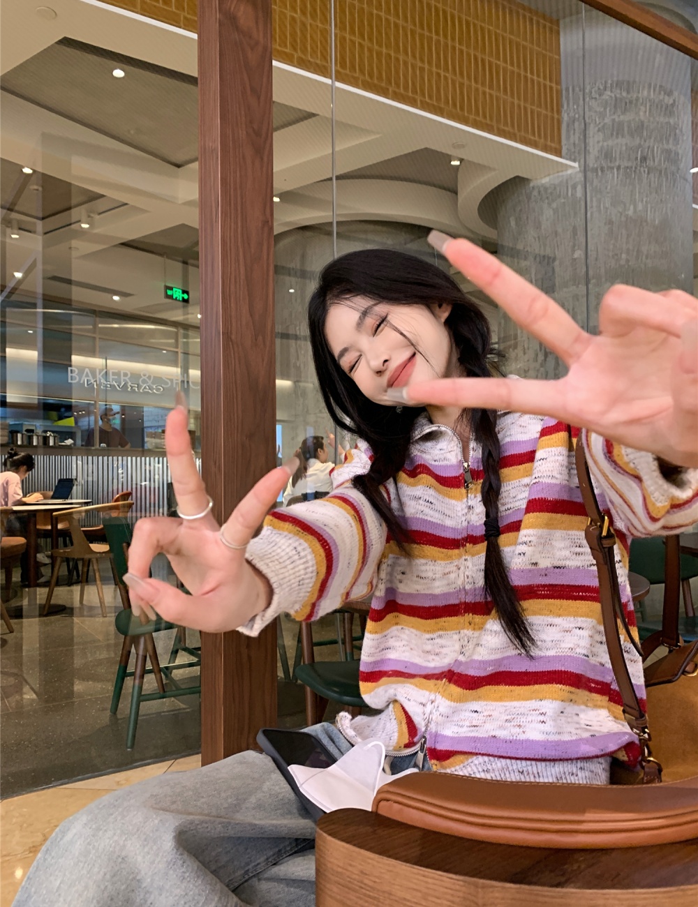 Lapel stripe coat show young Casual sweater for women