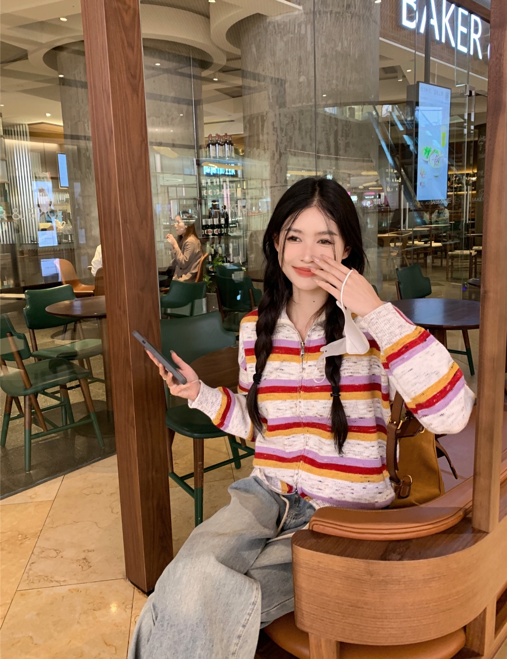 Lapel stripe coat show young Casual sweater for women