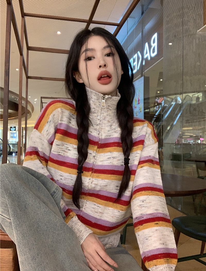 Lapel stripe coat show young Casual sweater for women