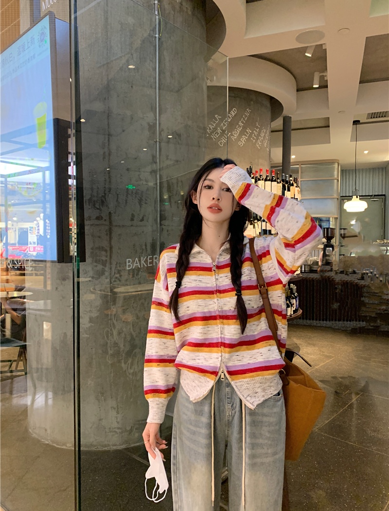 Lapel stripe coat show young Casual sweater for women
