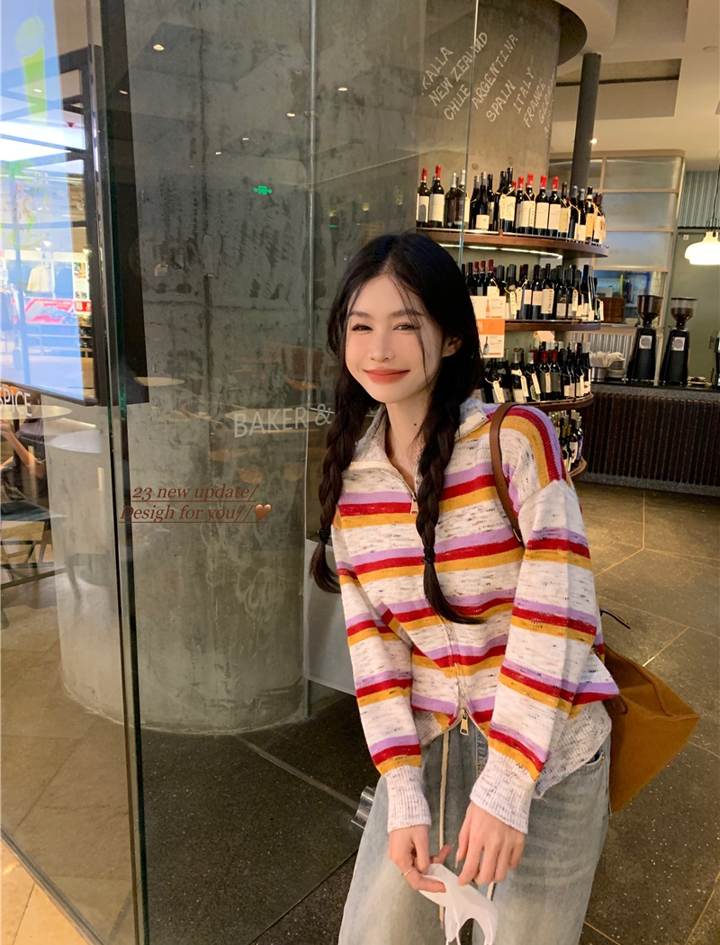 Lapel stripe coat show young Casual sweater for women