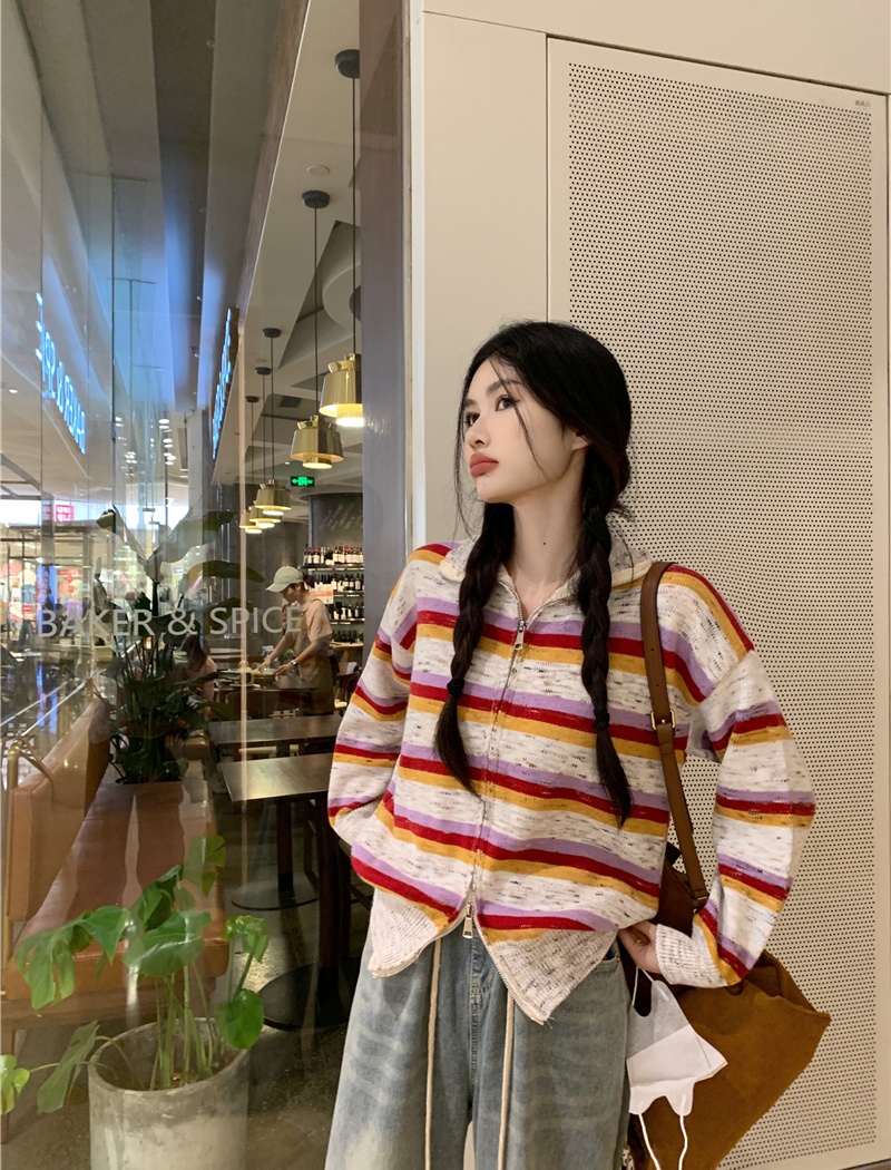 Lapel stripe coat show young Casual sweater for women