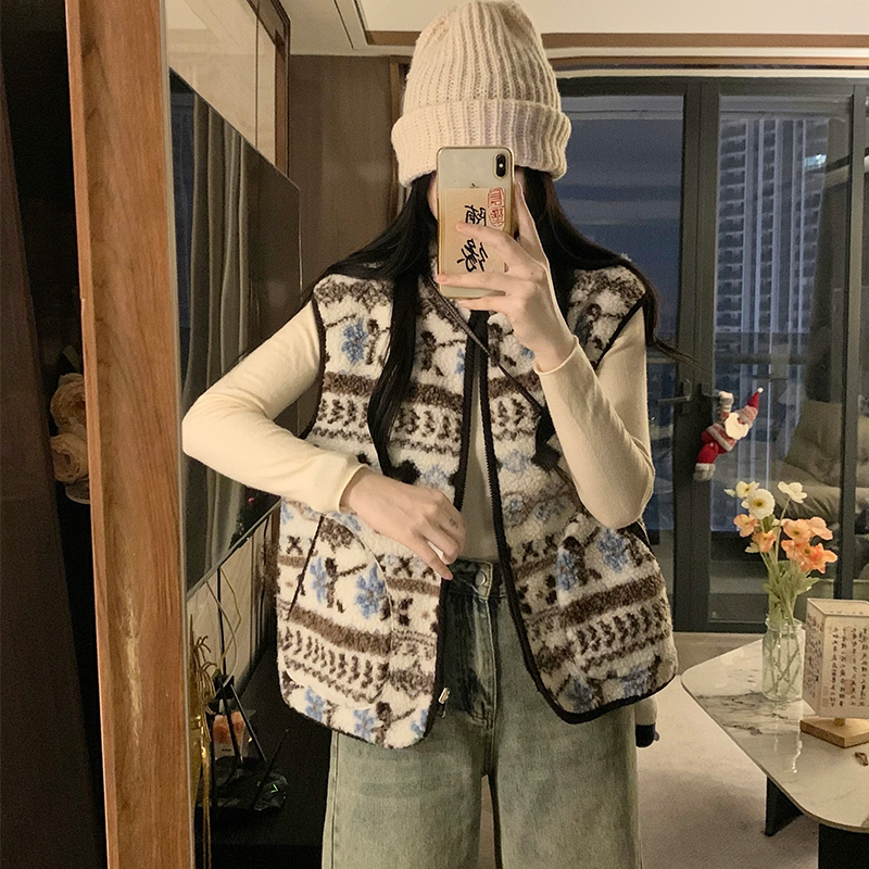 Lambs wool Korean style coat retro lamb fur waistcoat