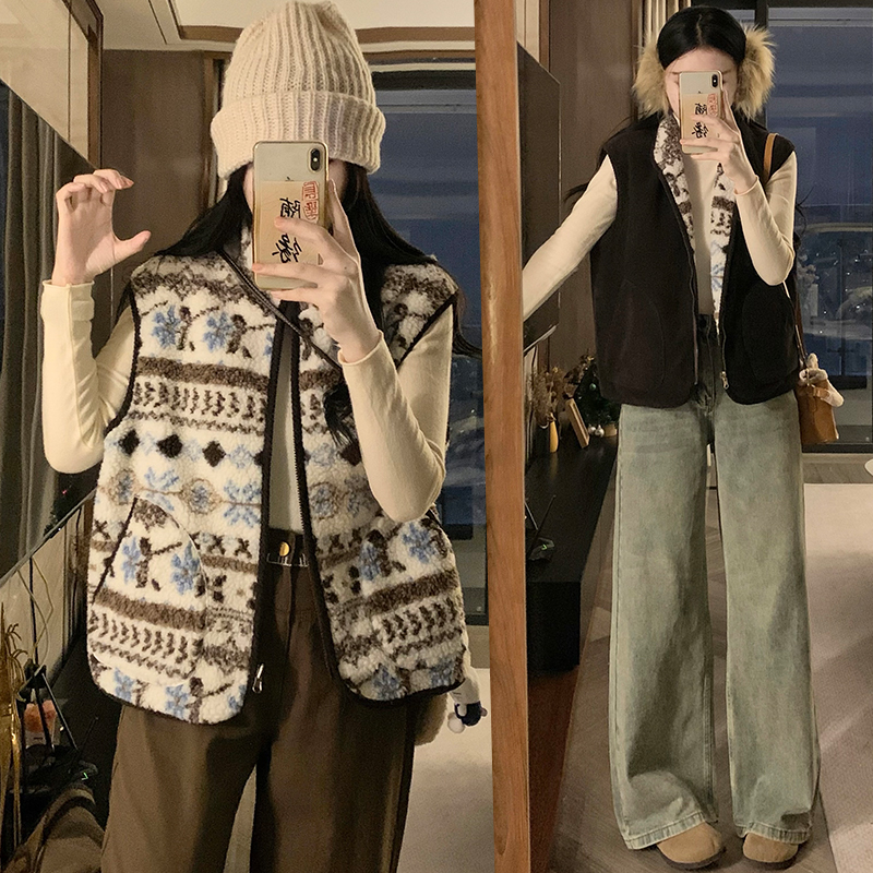 Lambs wool Korean style coat retro lamb fur waistcoat