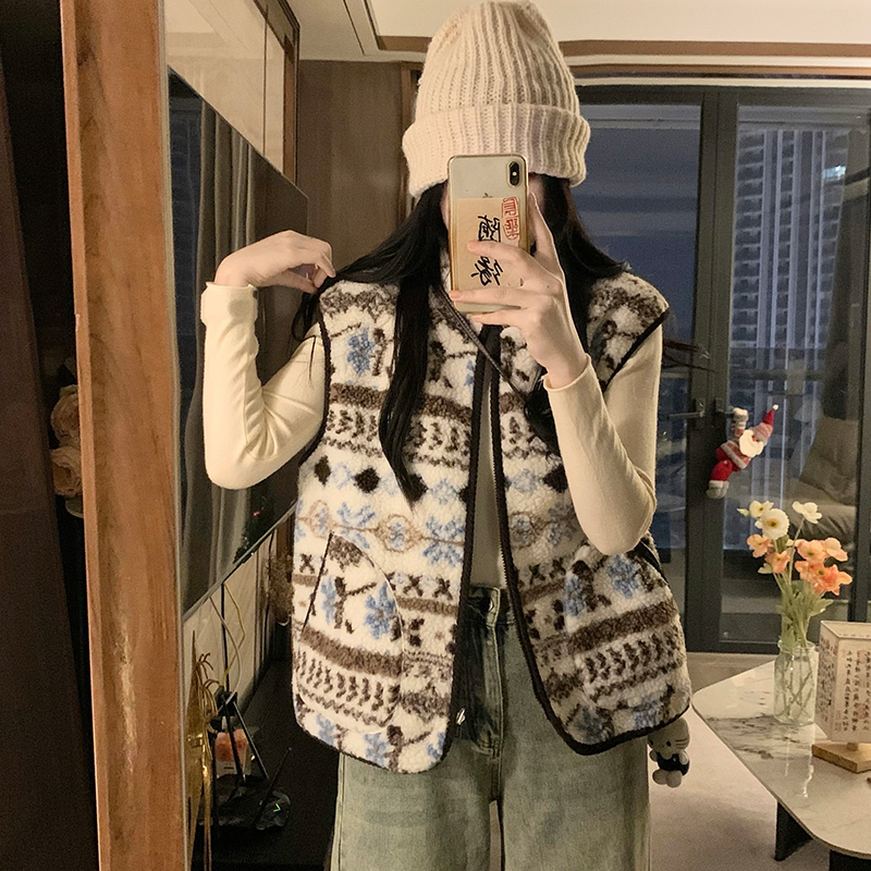 Lambs wool Korean style coat retro lamb fur waistcoat