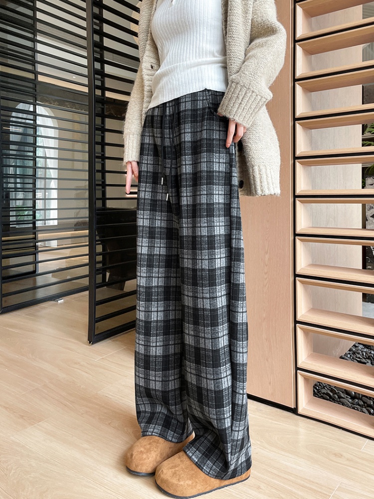 Loose straight wide leg pants high waist plaid pants for women