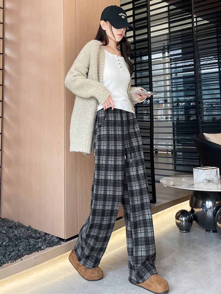 Loose straight wide leg pants high waist plaid pants for women