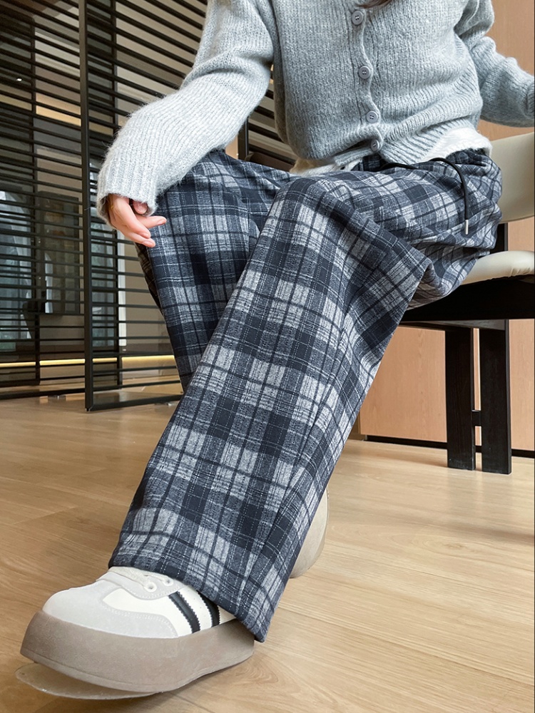 Loose straight wide leg pants high waist plaid pants for women