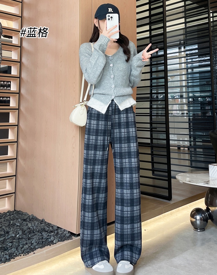 Loose straight wide leg pants high waist plaid pants for women