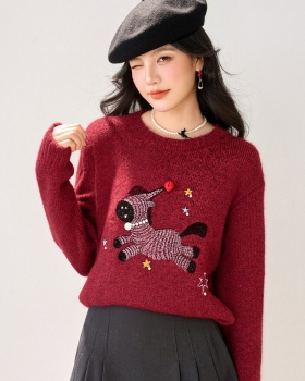 Embroidery Korean style tops cartoon round neck sweater