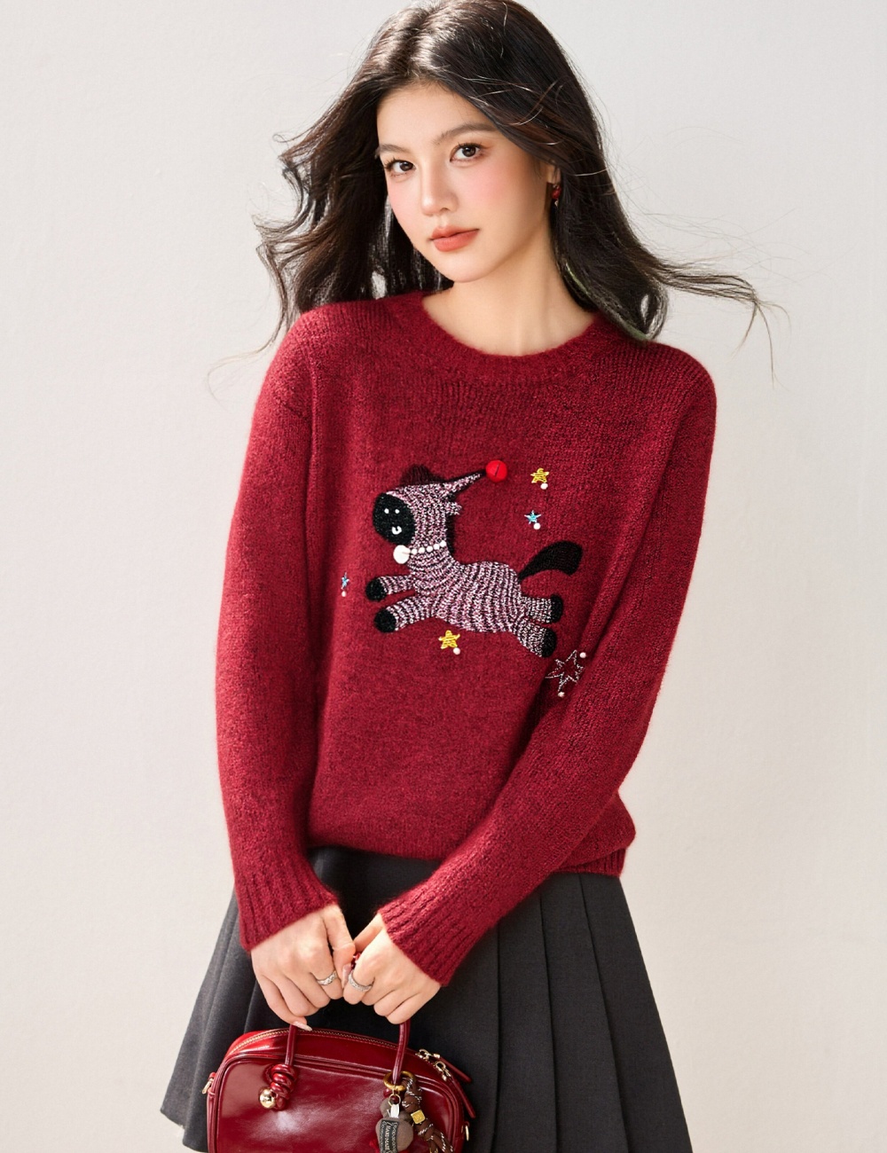 Embroidery Korean style tops cartoon round neck sweater