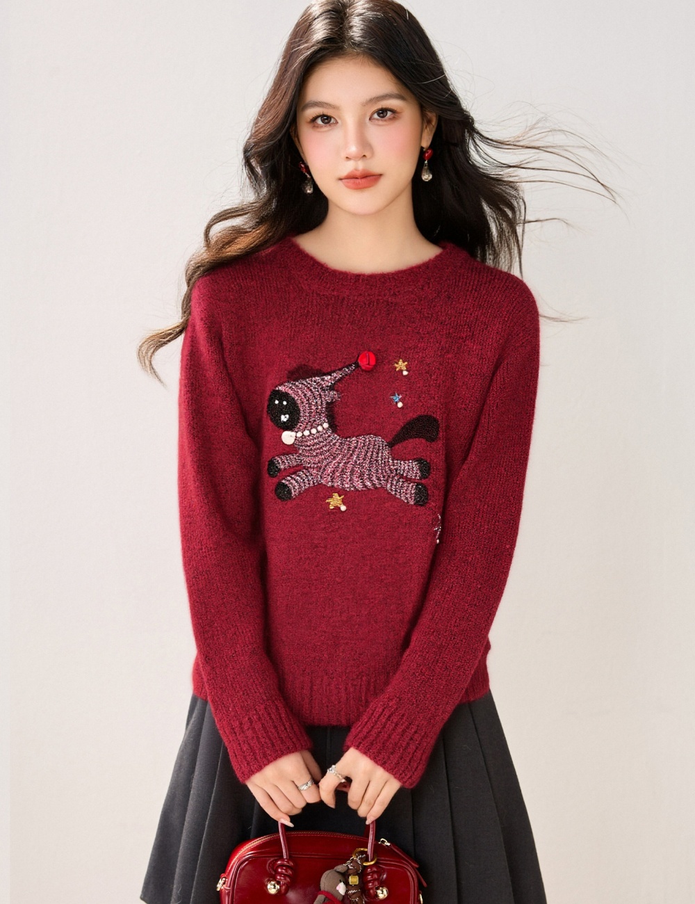 Embroidery Korean style tops cartoon round neck sweater