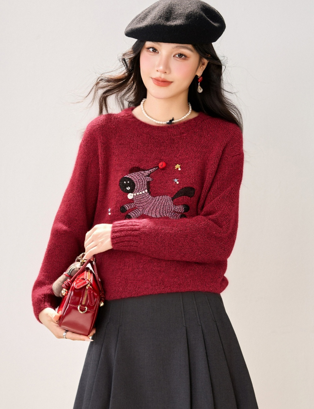 Embroidery Korean style tops cartoon round neck sweater